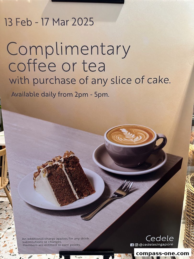 A promotional poster for Cedele Bakery Cafe offering complimentary coffee or tea with cake purchase.
