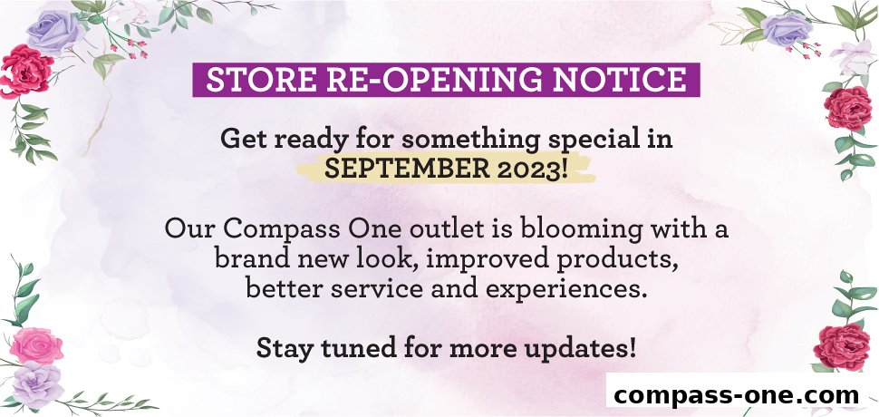 A store re-opening notice with floral decorations, announcing a September 2023 reopening.