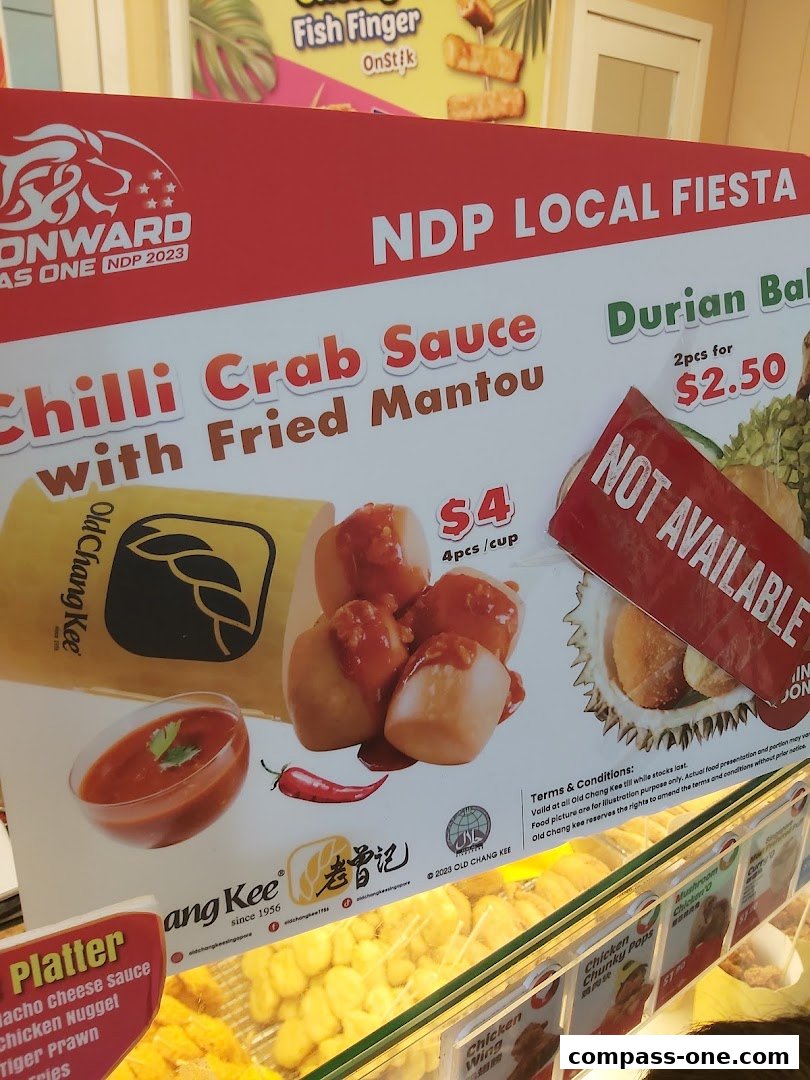 A display of Old Chang Kee's Chilli Crab Sauce with Fried Mantou and other snacks.