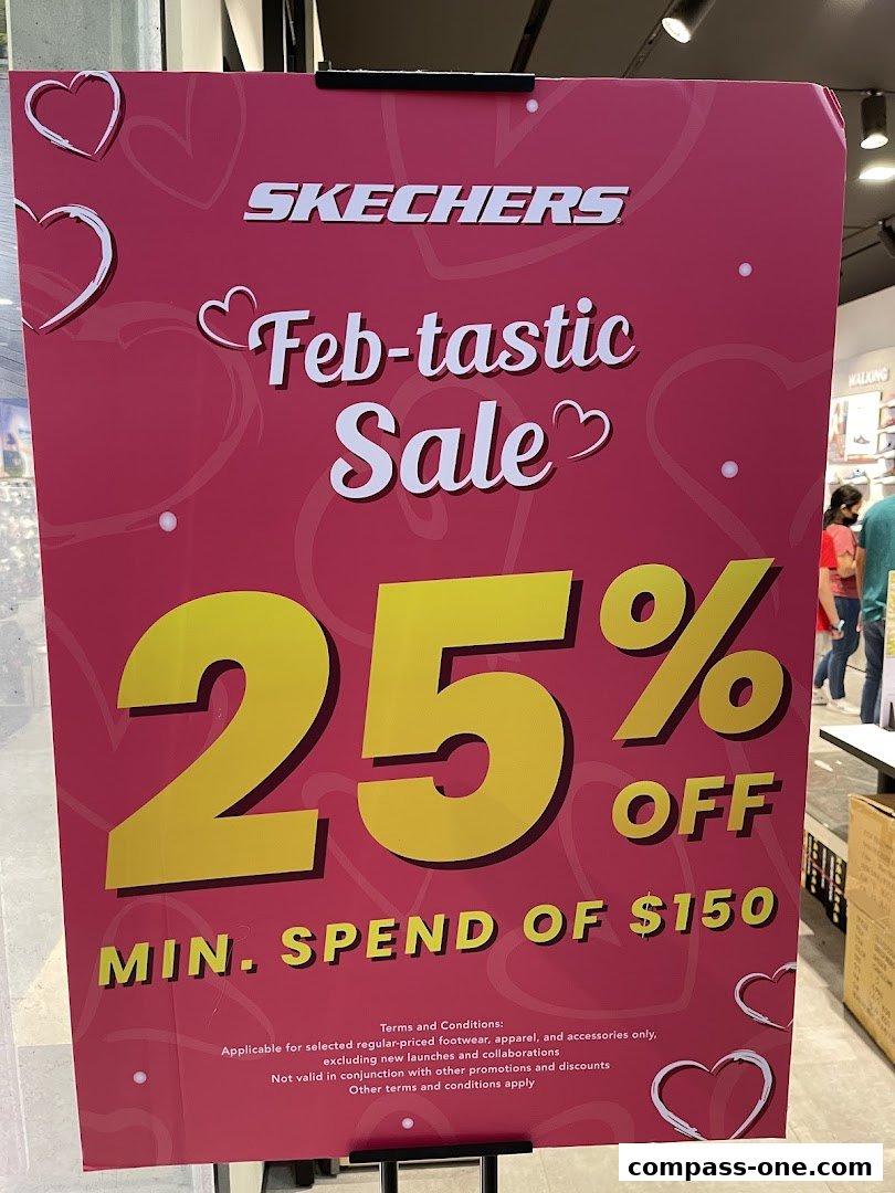 A Skechers store sign advertises a 'Feb-tastic Sale' offering 25% off with a minimum spend.