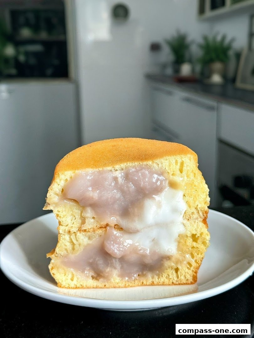 A close-up of a delicious dessert with layers of creamy filling between soft cake.