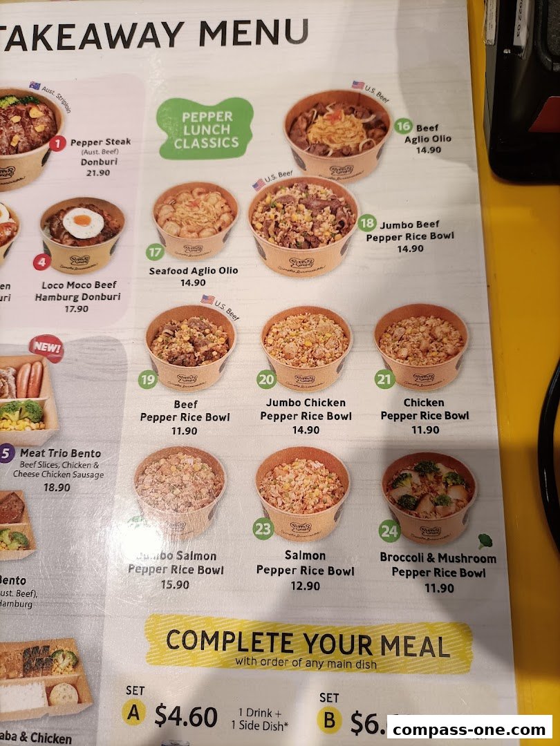 A takeaway menu from Pepper Lunch featuring various rice bowls and bento boxes.
