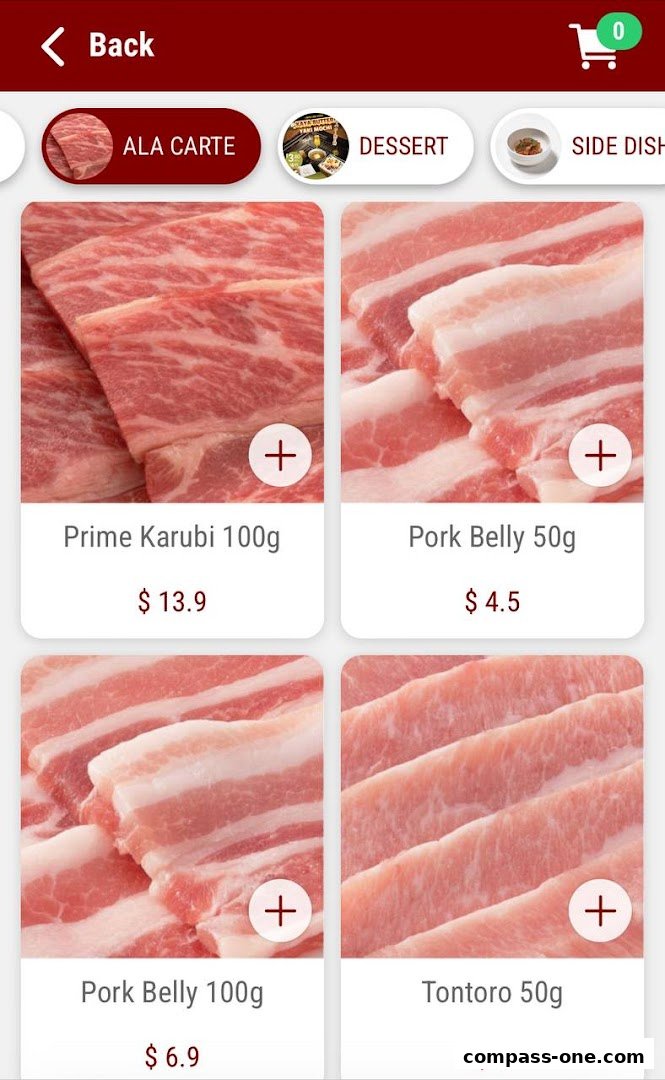 A digital menu showcasing various cuts of raw meat for yakiniku.