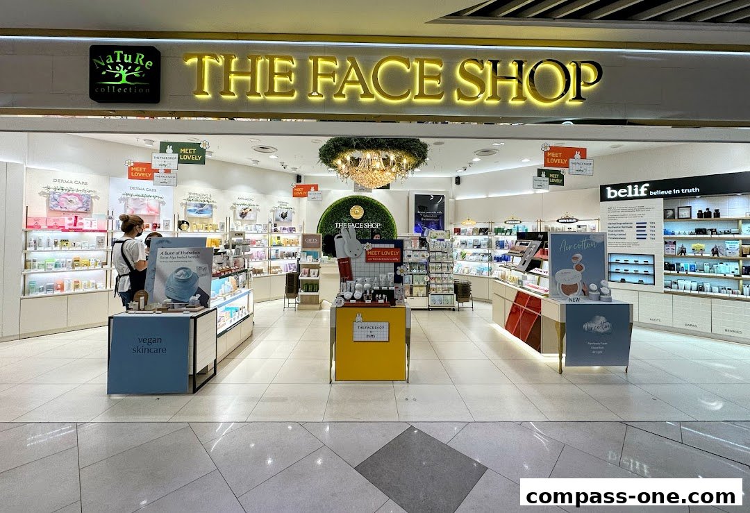 The bright interior of The Face Shop, showcasing a wide array of skincare products and displays.