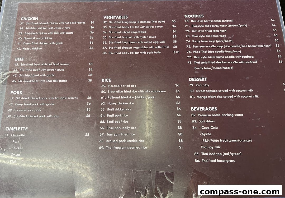 A menu from Nakhon Kitchen featuring Thai dishes like chicken, beef, pork, rice, noodles, desserts, and beverages.