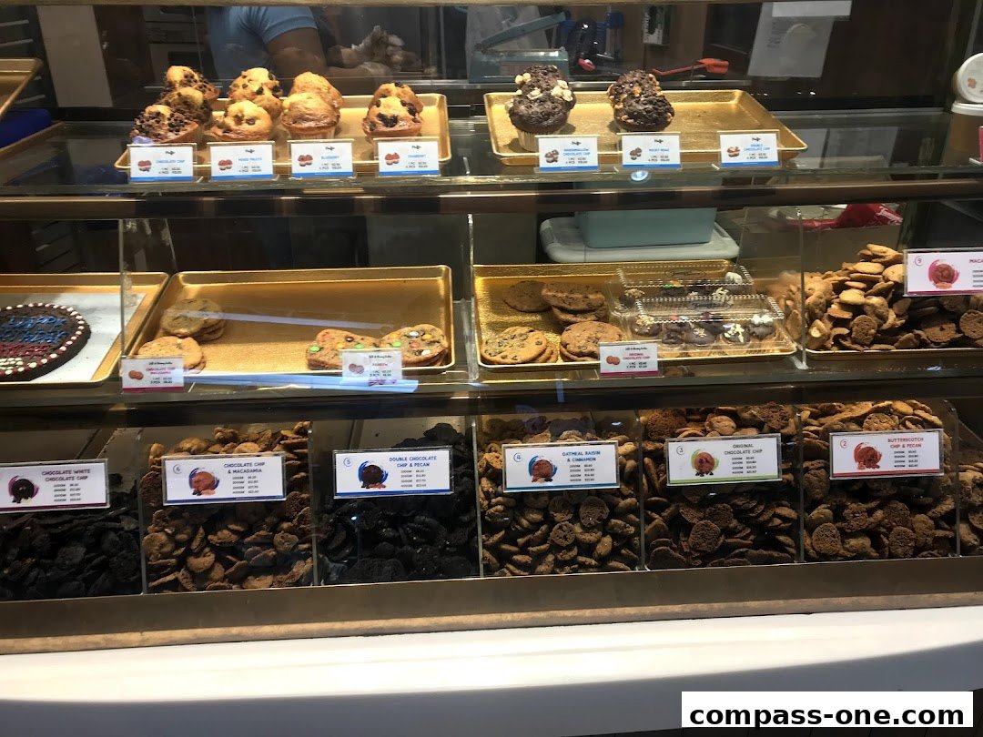 A display case filled with various cookies and muffins from Famous Amos.