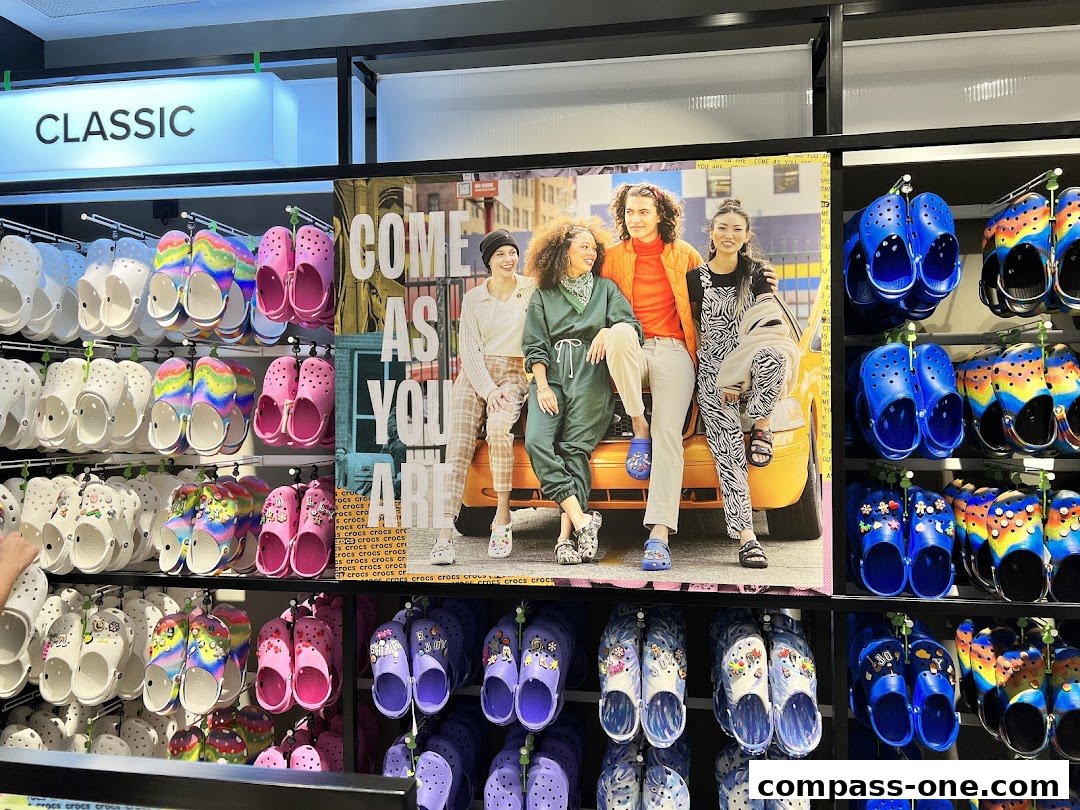 A Crocs store interior showcasing a wide variety of colorful clogs and a 'Classic' sign.