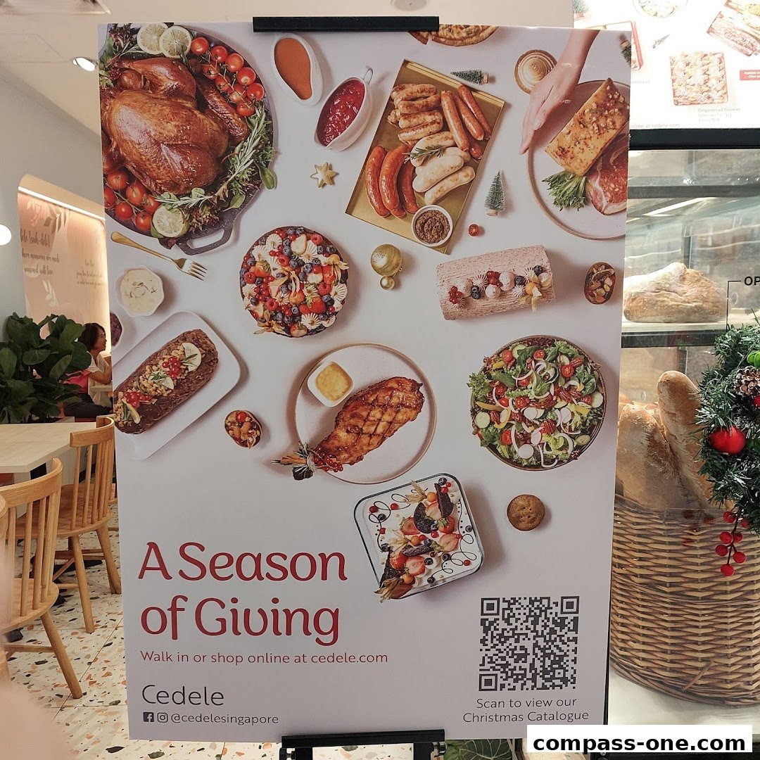 A festive poster for Cedele Bakery Cafe showcasing a holiday spread and Christmas catalogue.