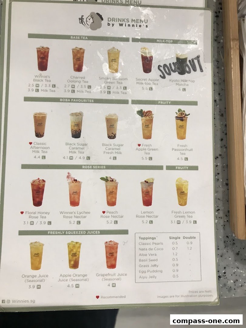 A menu from Winnie's featuring various drinks like Base Tea, Boba Favorites, Rose Series, and Freshly Squeezed Juices.