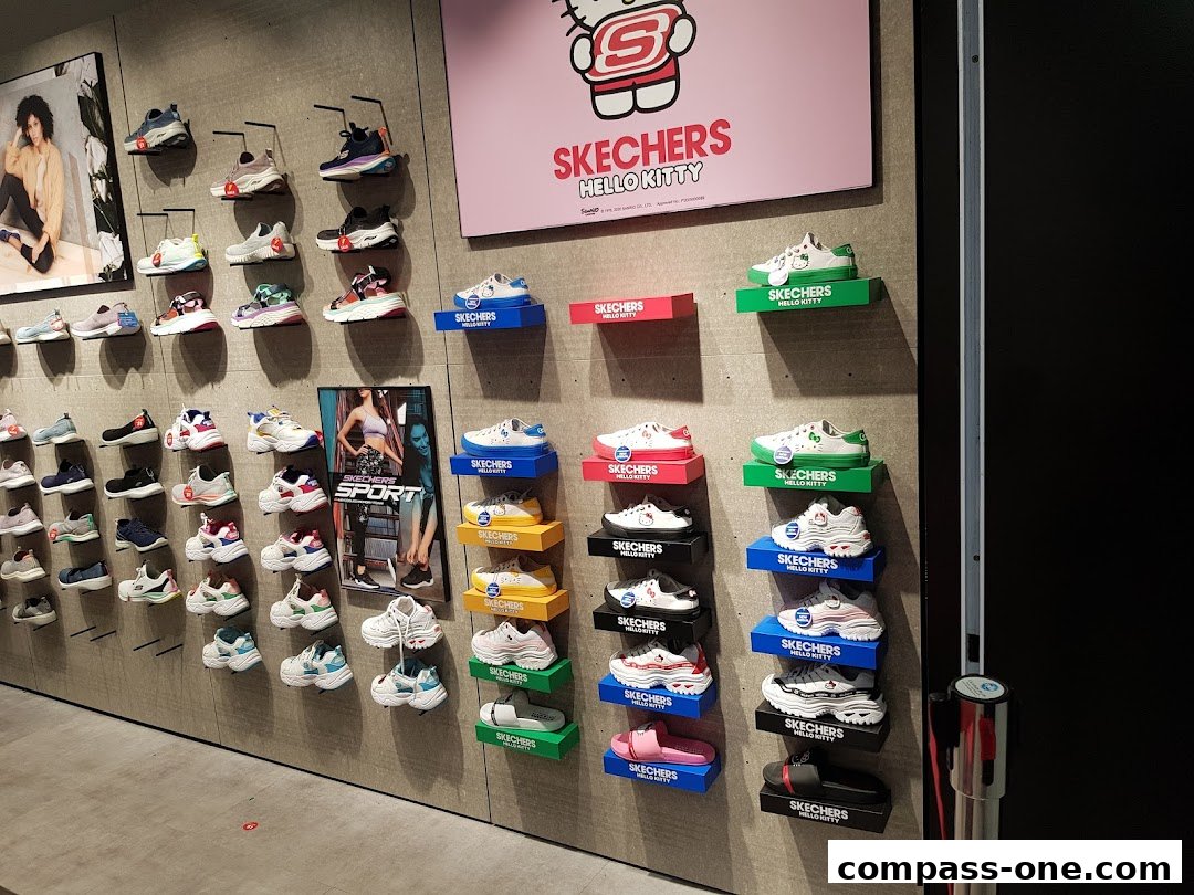 A wall display showcasing various Skechers shoes, including a Hello Kitty collaboration.