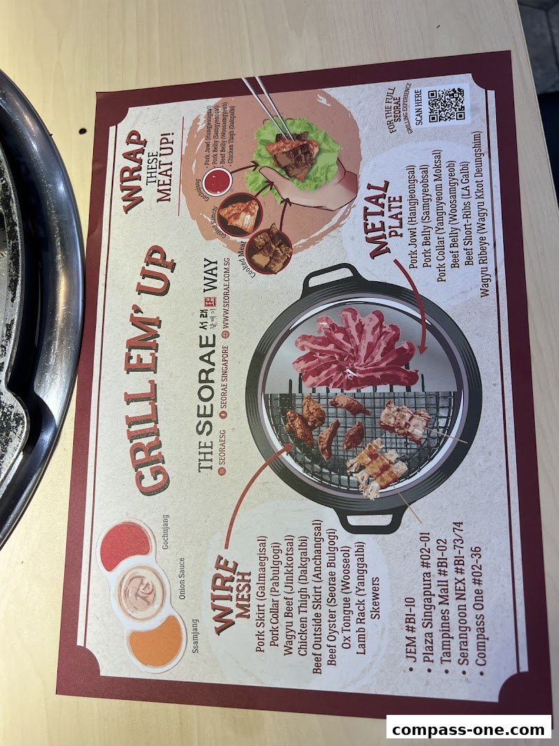 A menu from SEORAE JIB Compass One showcasing Korean BBQ items and restaurant locations.