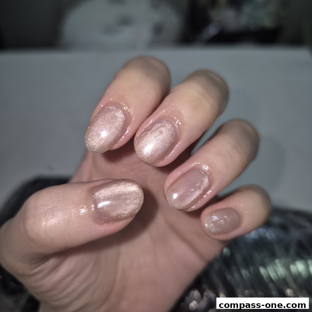 A close-up shot of a hand with beautifully manicured nails in a shimmering rose gold shade.