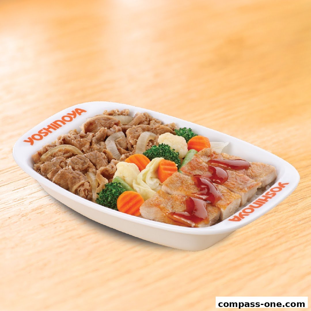 A Yoshinoya meal featuring beef, chicken, and vegetables in a white bowl.