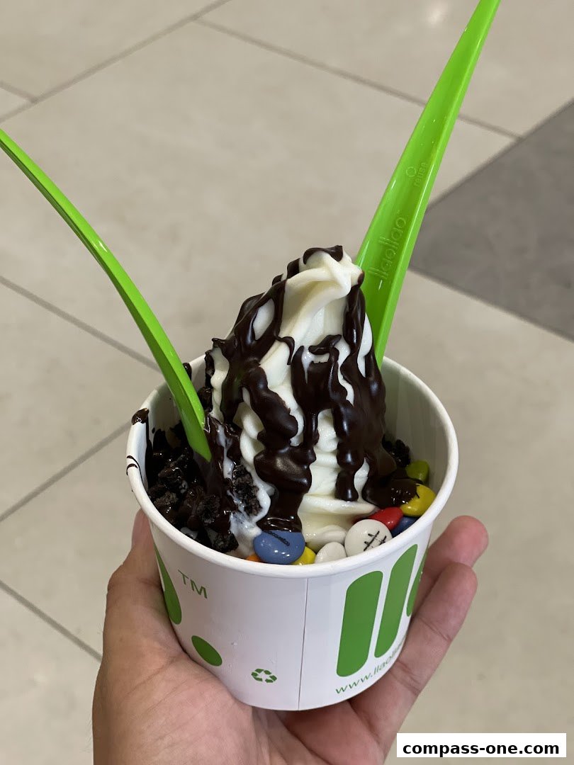 A hand holds a cup of frozen yogurt topped with chocolate sauce and candy.