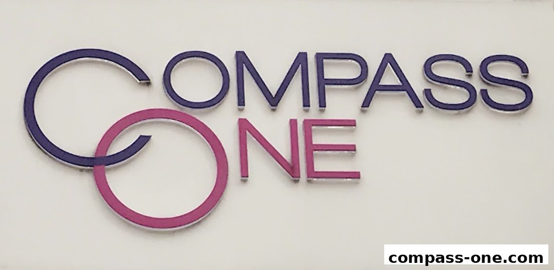 The shop name 'COMPASS ONE' is displayed in raised lettering with purple and pink accents.