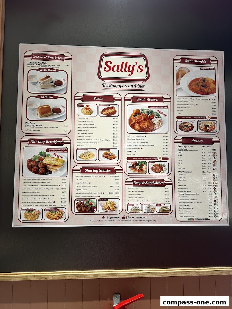 A menu board for Sally's The Singaporean Diner, featuring various food and drink categories.
