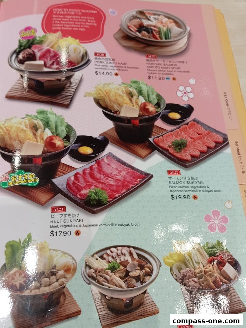 A menu showcasing various Japanese hot pot dishes with fresh ingredients and clear pricing.