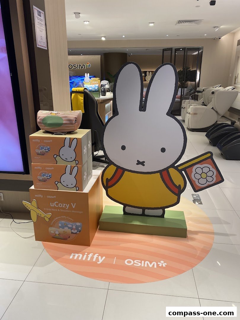 OSIM shop interior featuring Miffy collaboration with massage chairs and neck massagers.