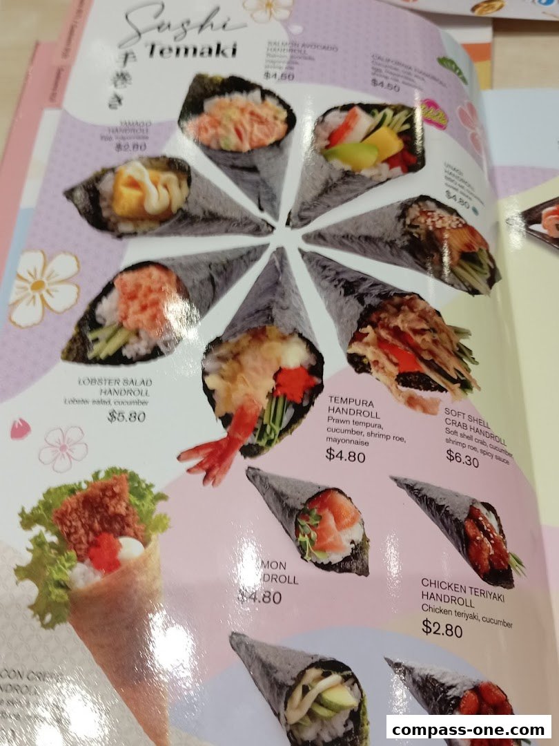 A menu page showcasing various sushi handrolls with colorful ingredients and prices.
