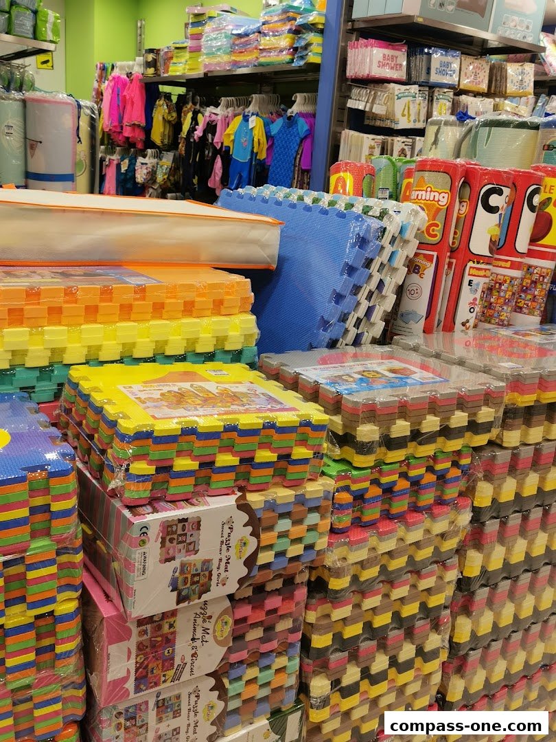 A colorful display of interlocking foam puzzle mats and children's clothing in a retail store.