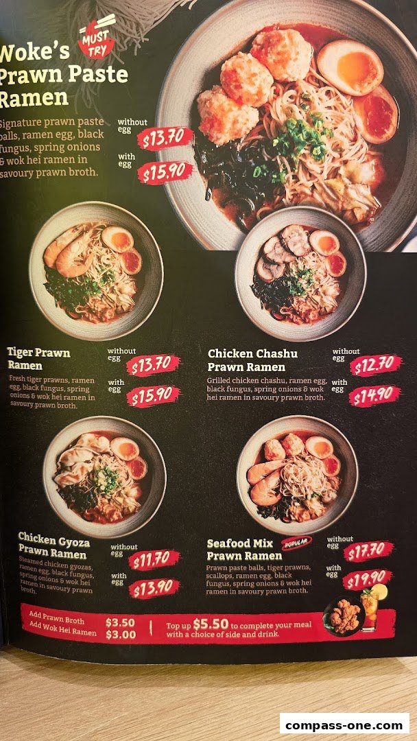 A menu showcasing various prawn paste ramen dishes with prices and descriptions.