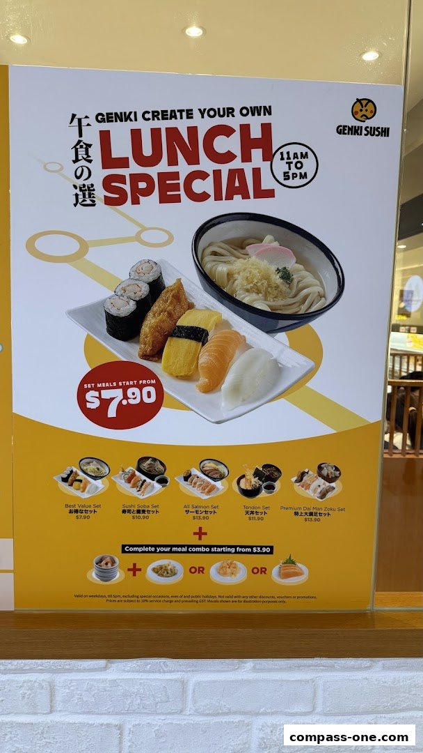 A Genki Sushi lunch special menu featuring various sushi sets and udon.