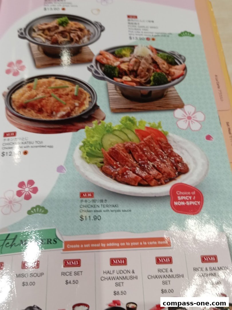 A menu featuring various Japanese dishes including chicken katsu and teriyaki chicken.