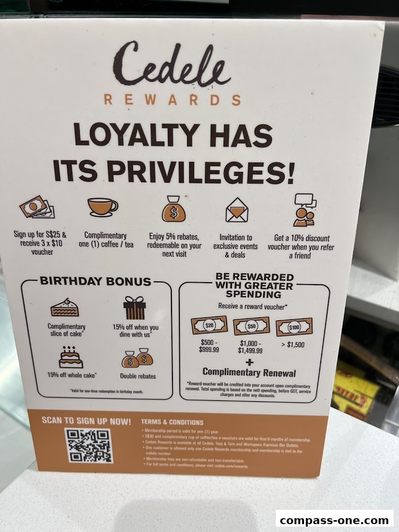 A sign detailing the Cedele Rewards loyalty program with various benefits and tiers.
