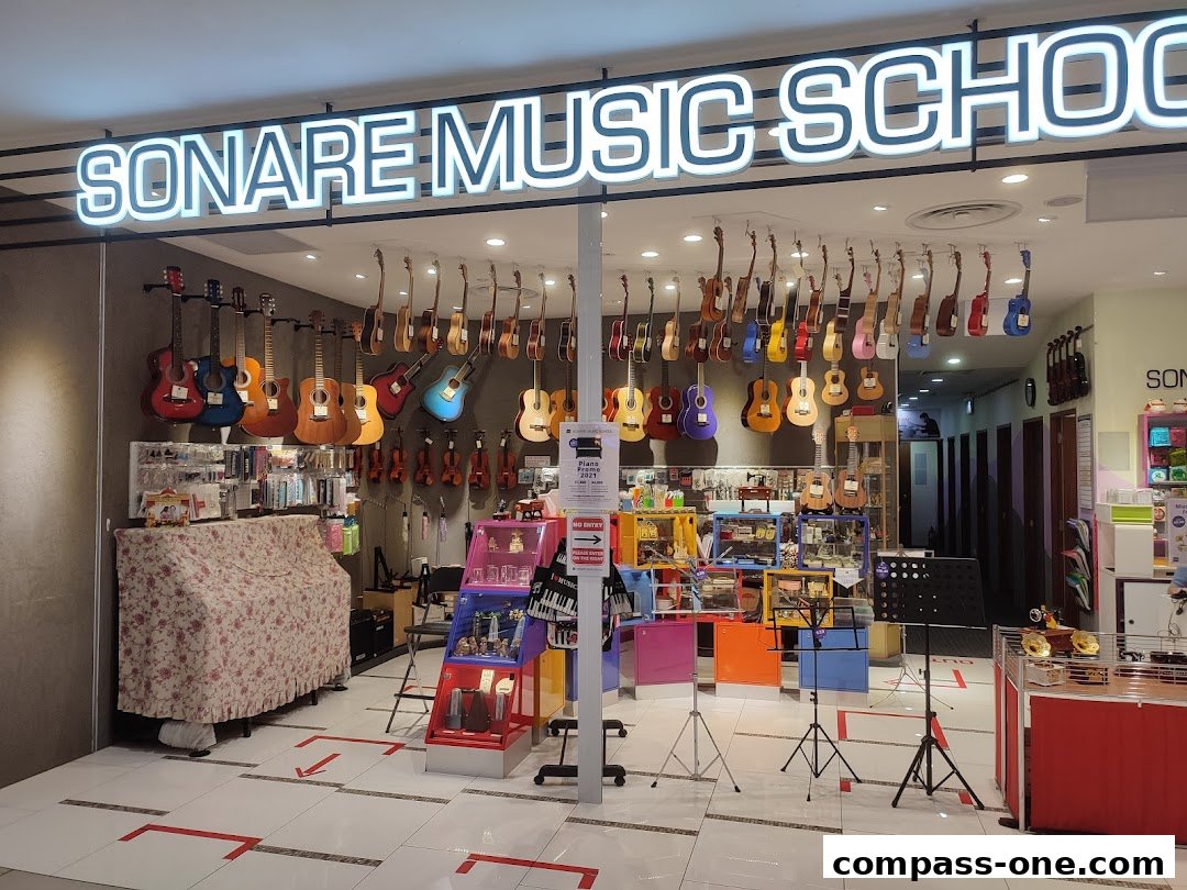 The entrance of Sonare Music School, showcasing guitars and other musical instruments.