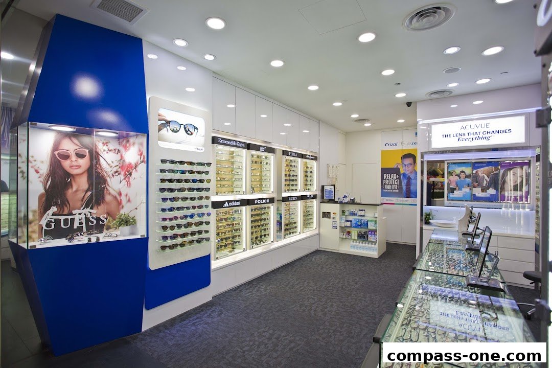 Interior view of an optical shop showcasing various brands of eyeglasses and contact lenses.