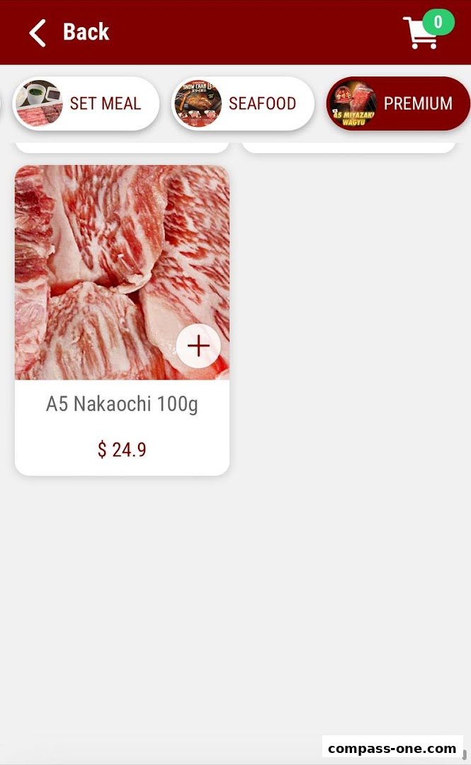 A digital menu displaying premium A5 Nakaochi Wagyu beef for sale.