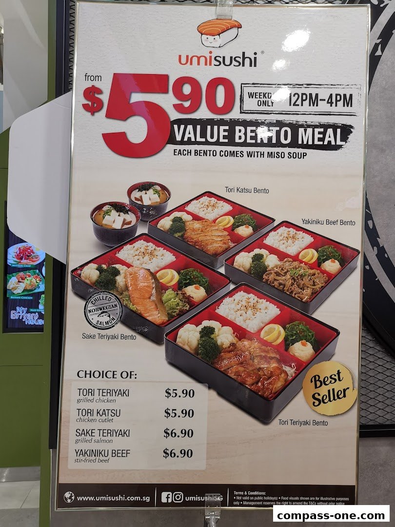 A promotional poster for Umi Sushi's value bento meals, featuring various bento options and prices.