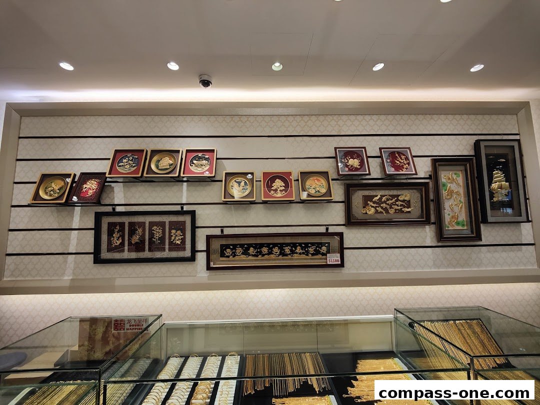 Interior view of Ho Bee Goldsmith showcasing framed gold artwork and jewelry displays.