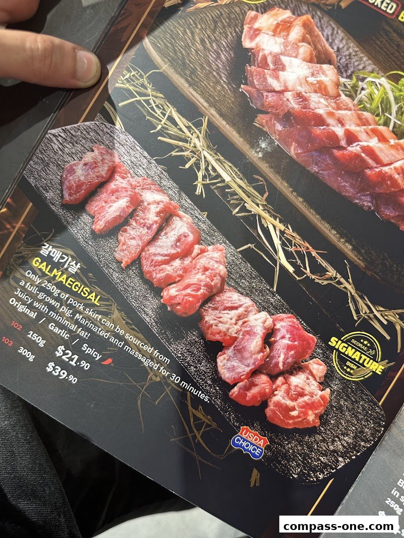 A menu page showcasing premium pork skirt cuts with detailed descriptions and prices.