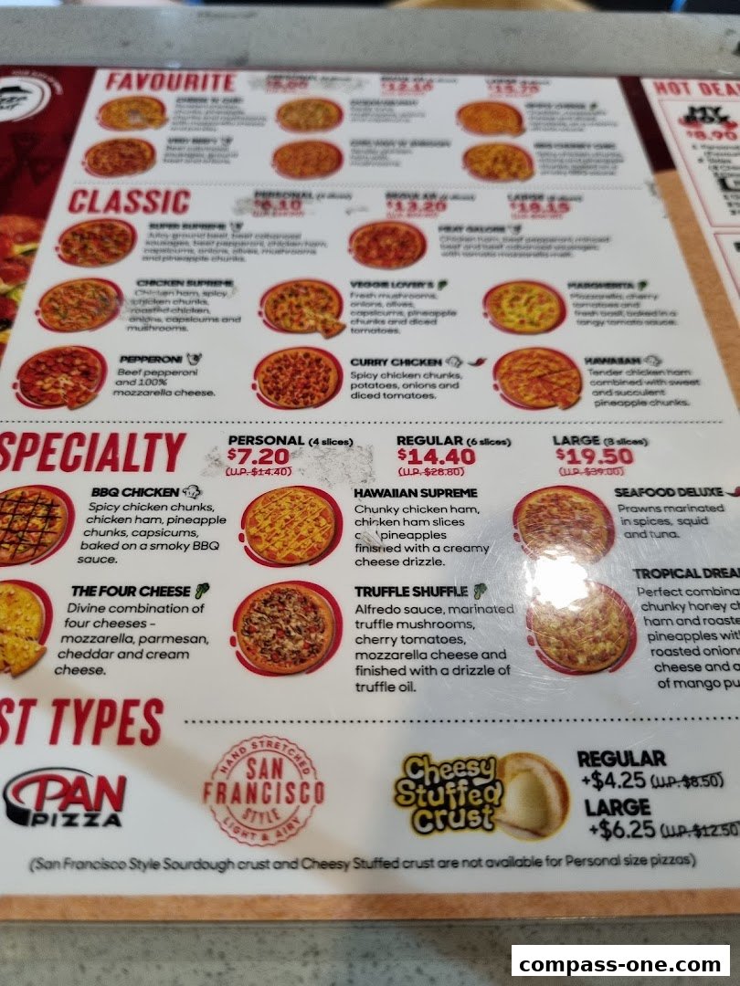 A Pizza Hut menu displaying various pizza types, sizes, and prices.