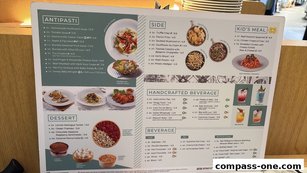 A menu from Mamma Mia Trattoria E Caffè Compass One featuring antipasti, sides, desserts, drinks, and kids' meals.