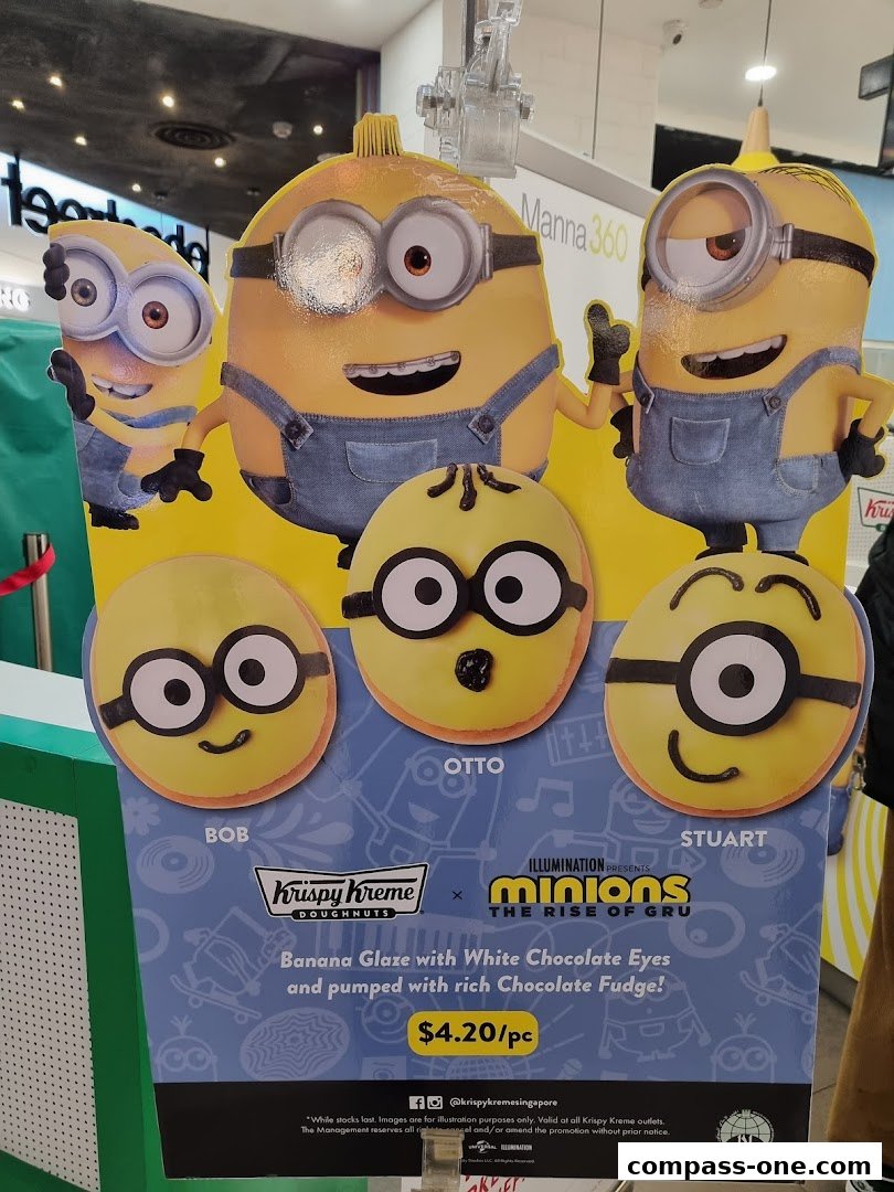 Krispy Kreme Minions-themed donuts with characters Bob, Otto, and Stuart.