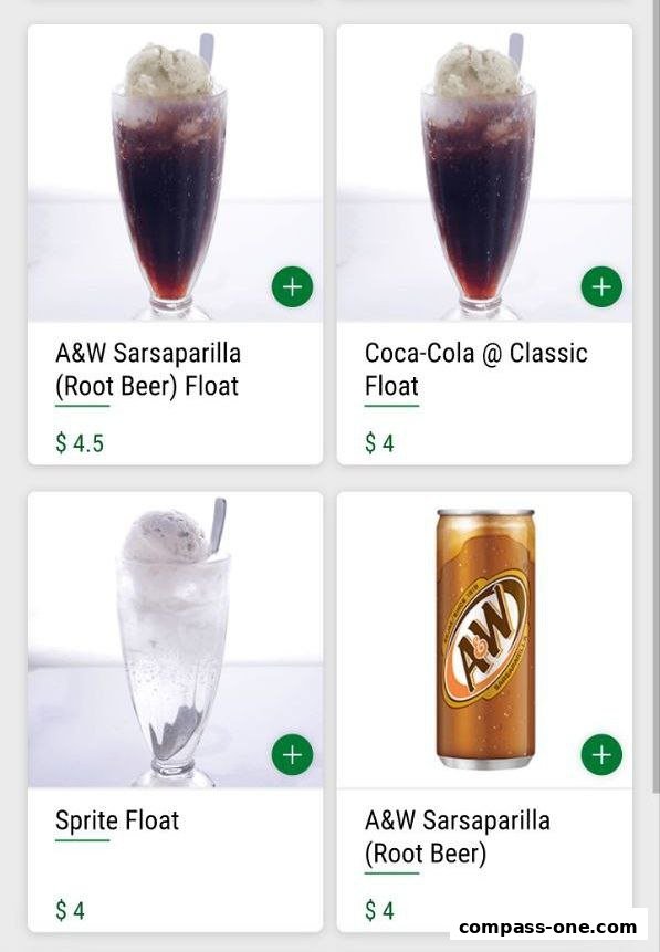 A display of various floats and a can of A&W Sarsaparilla with prices.