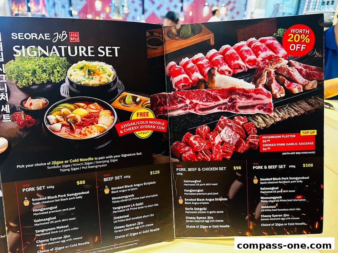 A menu showcasing Korean BBQ sets with various meat options and complimentary dishes.