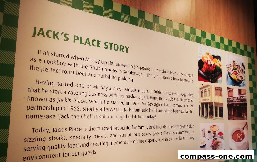 A display board detailing the history and offerings of Jack's Place restaurant.