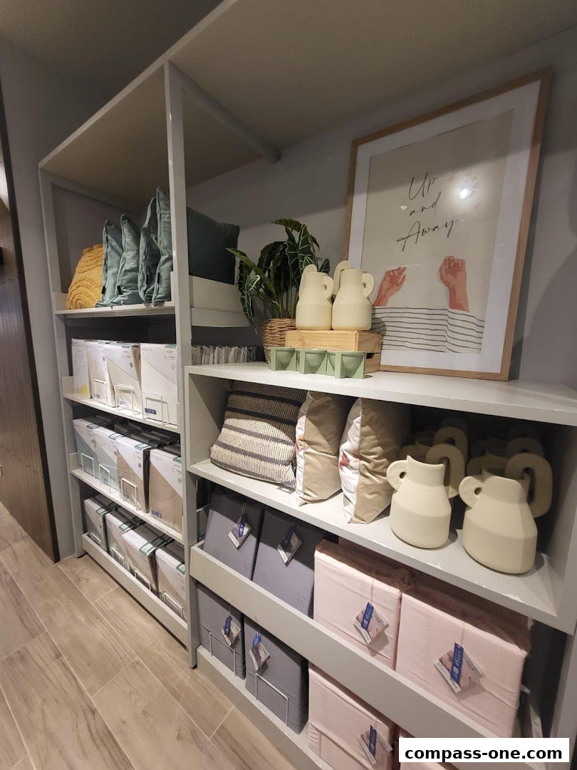 Shelves display home decor items including pillows, vases, and framed art.