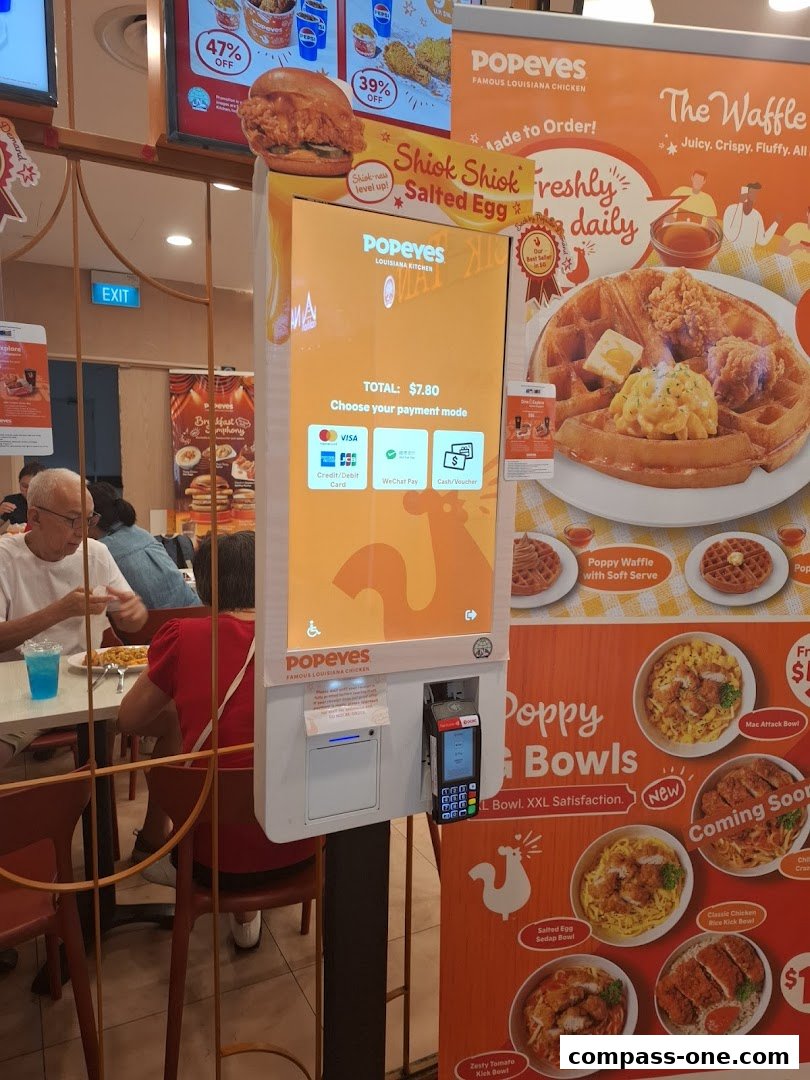 A Popeyes restaurant interior with a self-order kiosk and promotional posters for chicken and waffles.