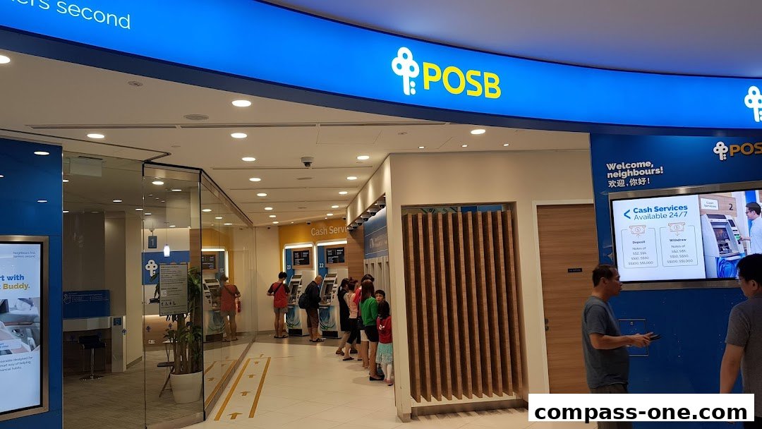 The POSB Compass One Branch entrance with customers queuing for cash services.