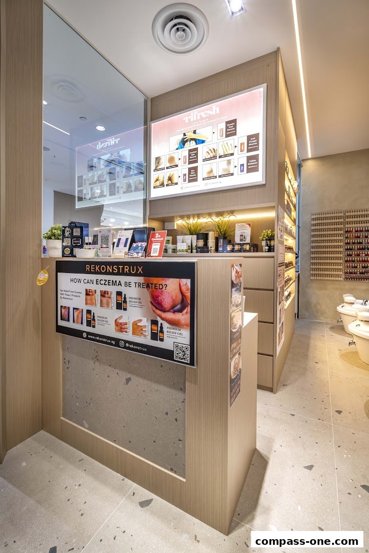 Interior of a nail spa with a reception counter, product displays, and pedicure stations.