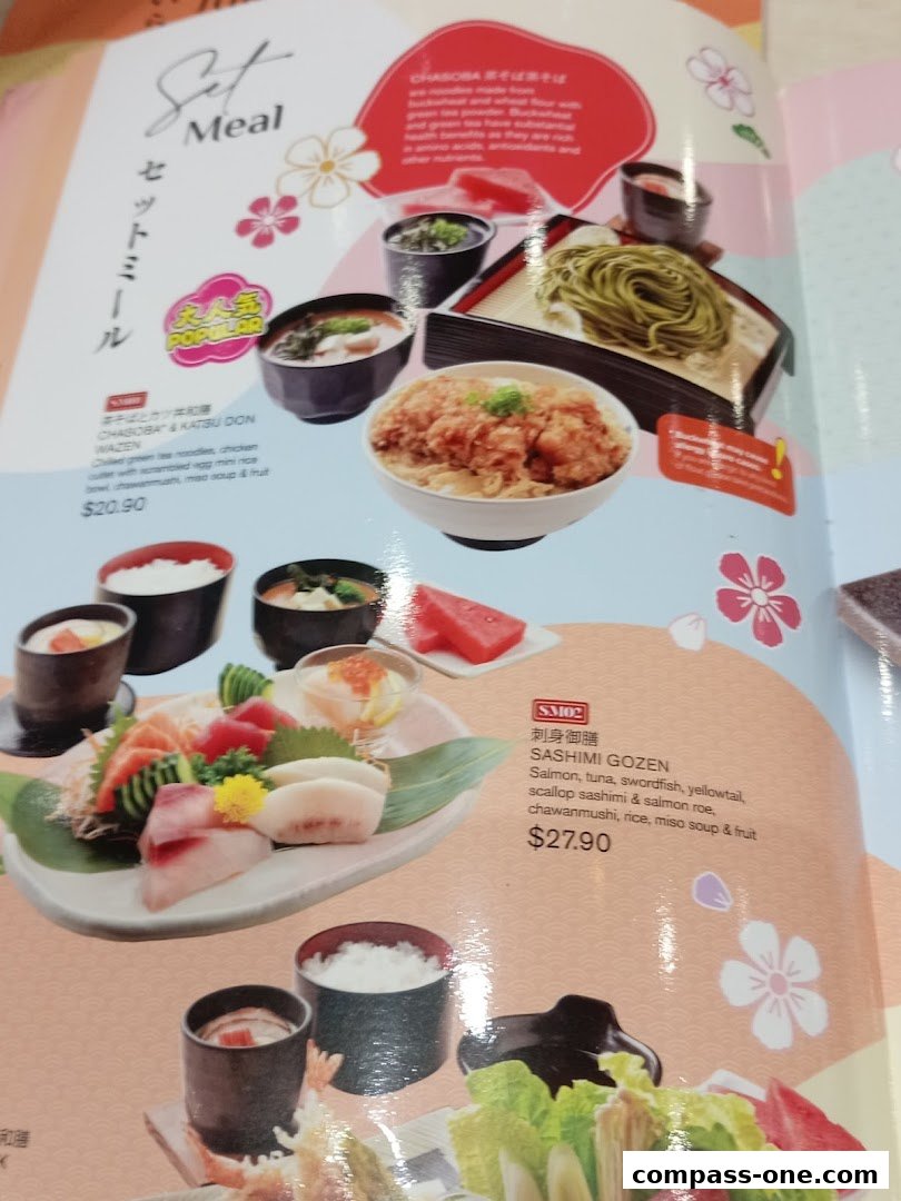 A menu showcasing Japanese set meals including sashimi and katsu don.