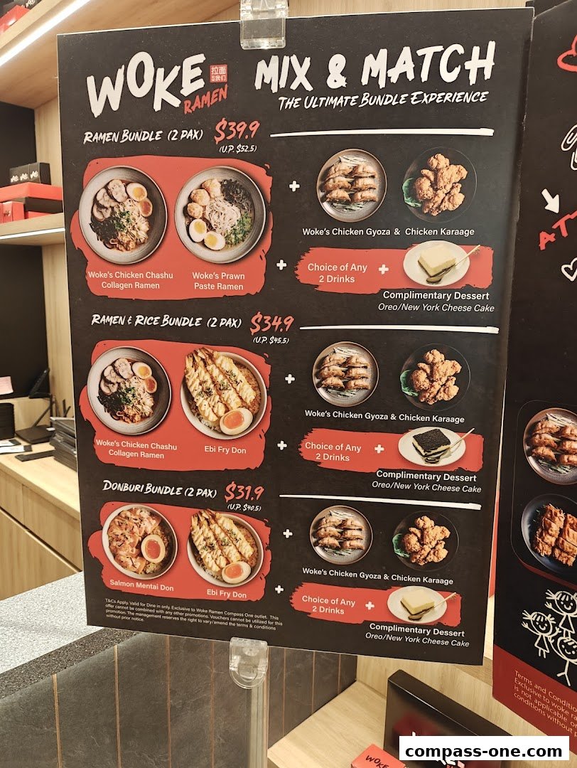 A menu board showcasing WOKE Ramen's Mix & Match bundle deals with ramen, donburi, sides, drinks, and dessert.