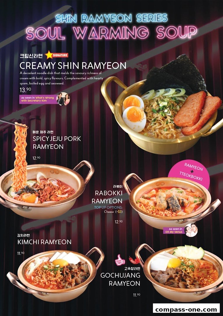 A menu showcasing various Korean Ramyon dishes with appetizing visuals and descriptions.