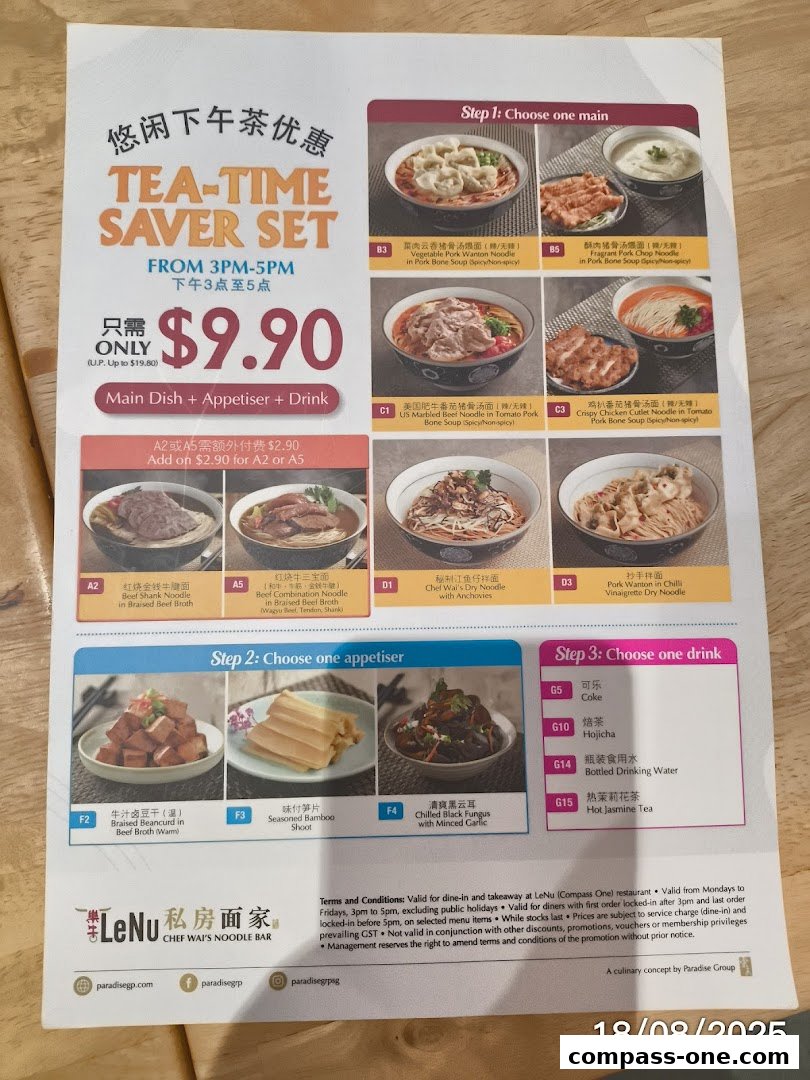 A menu for LeNu Chef Wai's Noodle Bar featuring a Tea-Time Saver Set.