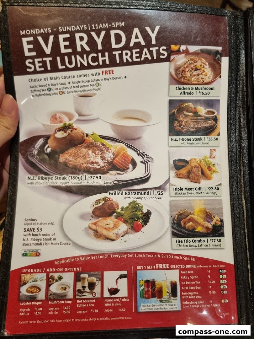A menu featuring everyday set lunch treats with various main course options and upgrade choices.