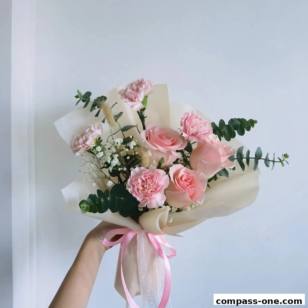 A hand holds a beautiful bouquet of pink roses and carnations, wrapped in paper and tied with a pink ribbon.